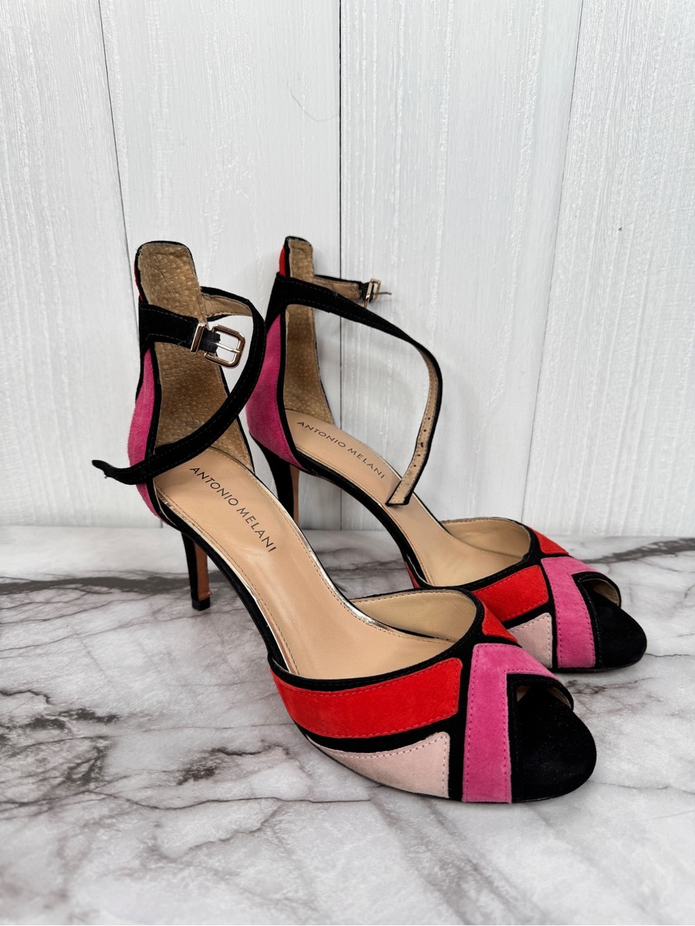 Antonio Melani Suede Colorblock Peep Toe Heels Pink Red Black Ankle Strap 8.5M